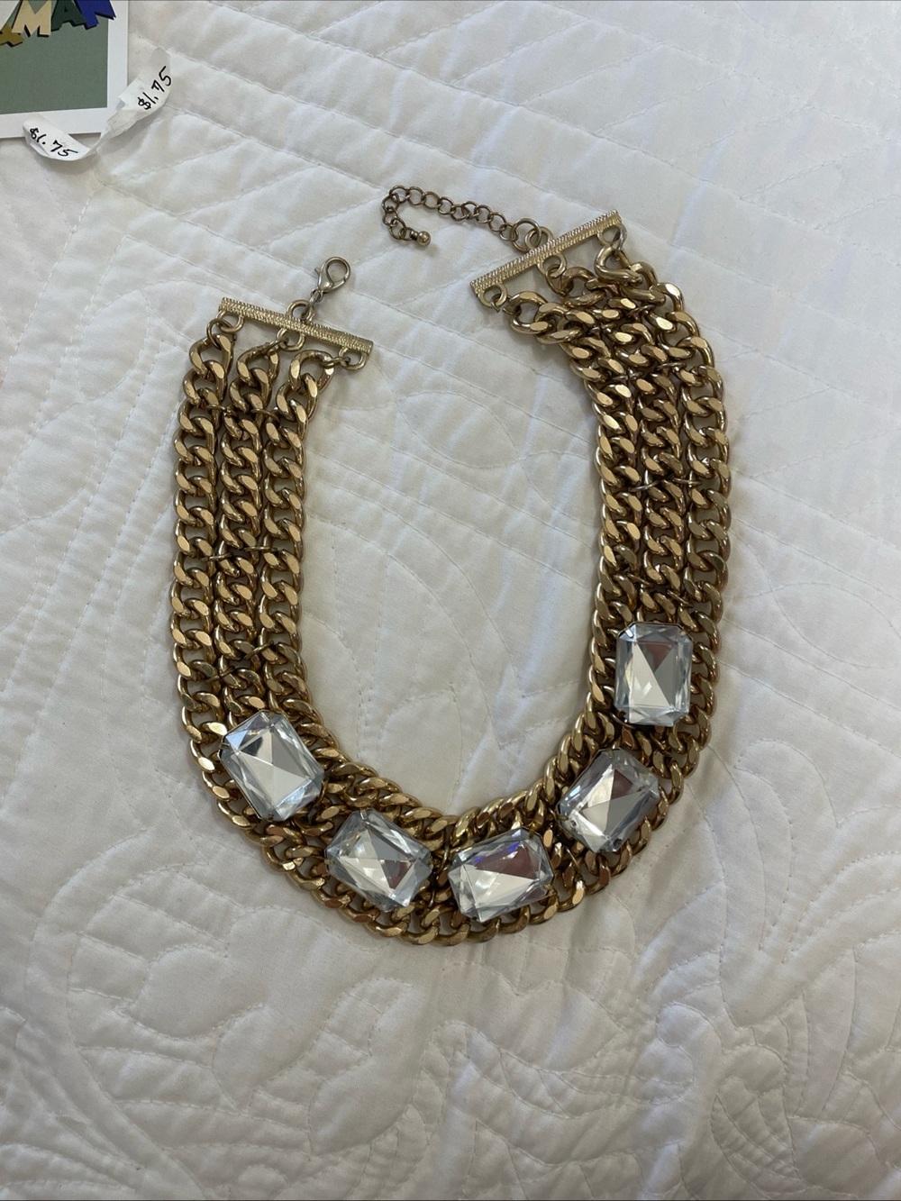 Forever 21 Gold Statement Chain Necklace with Clear Crystal Accents